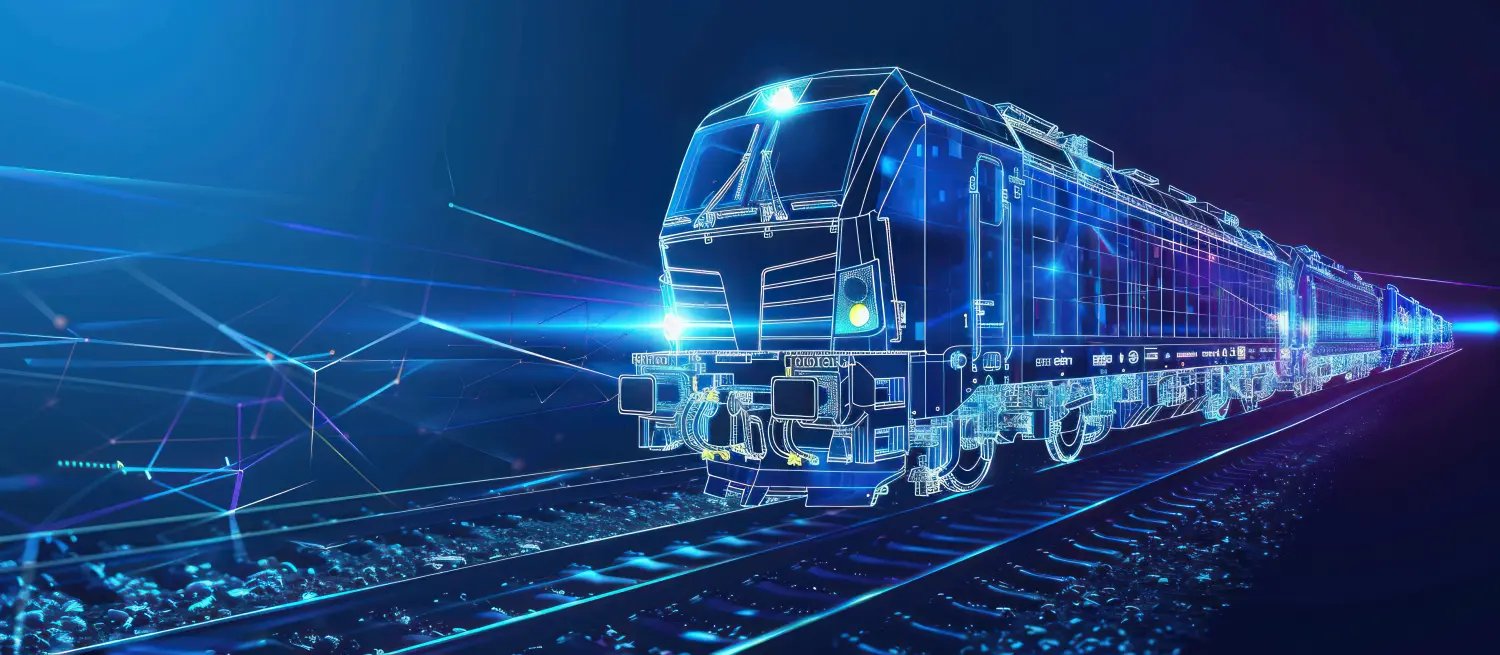 Ein futuristischer Zug, der aus hellen blauen Linien auf dunklem Hintergrund besteht